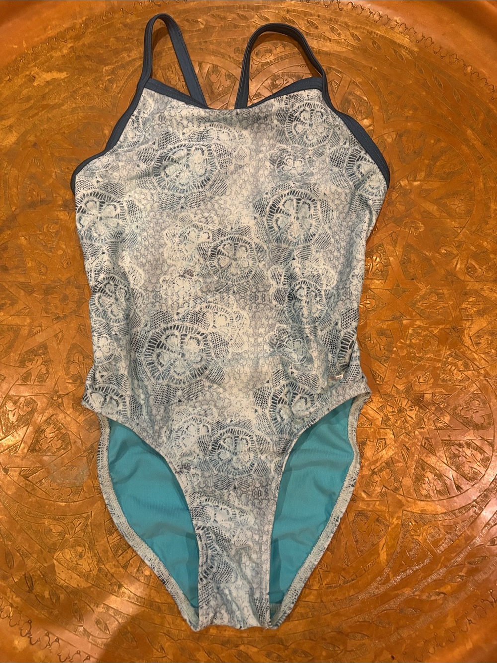 Girls Blue Lace-Print One-Piece Swimsuit with Contrast Trim